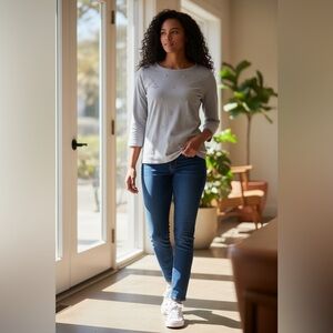 Talbots Blue Gray Embellished Sweater Top Women Large Cotton Rhinestone Classic